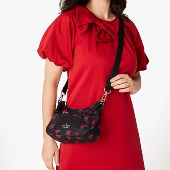 Kate Spade NewYork Chelsea Black Nylon Crossbody Bag & Pouch Red Roses KE437 - Picture 8 of 9